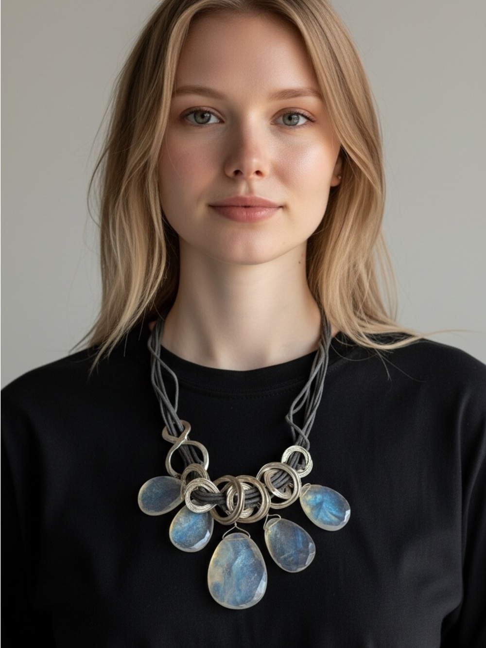9/25 Statement Gray Necklace with Iridescent Blue Stones
